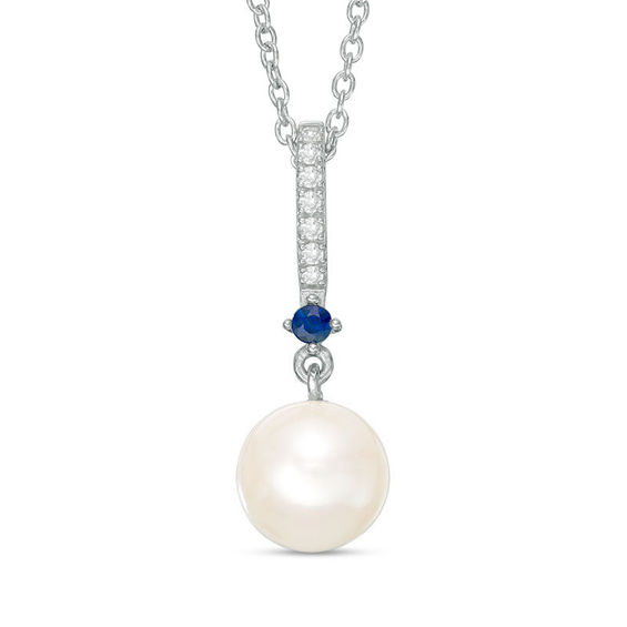 Vera Wang Love Collection Freshwater Cultured Pearl, Blue Sapphire and Diamond Accent Pendant in Sterling Silver-19"