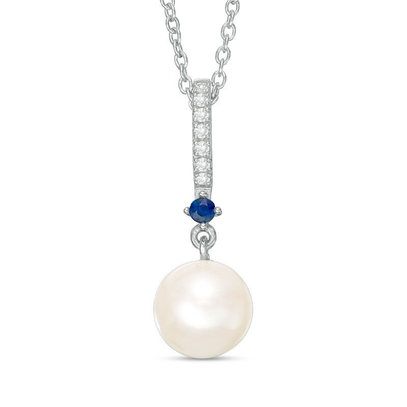 Main Image 1 of Vera Wang Love Collection Freshwater Cultured Pearl, Blue Sapphire and Diamond Accent Pendant in Sterling Silver-19"