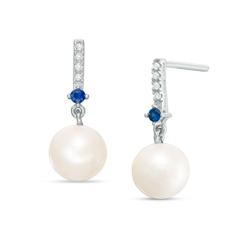 Main Image 1 of Vera Wang Love Collection Freshwater Cultured Pearl, Blue Sapphire and Diamond Accent Drop Earrings in Sterling Silver
