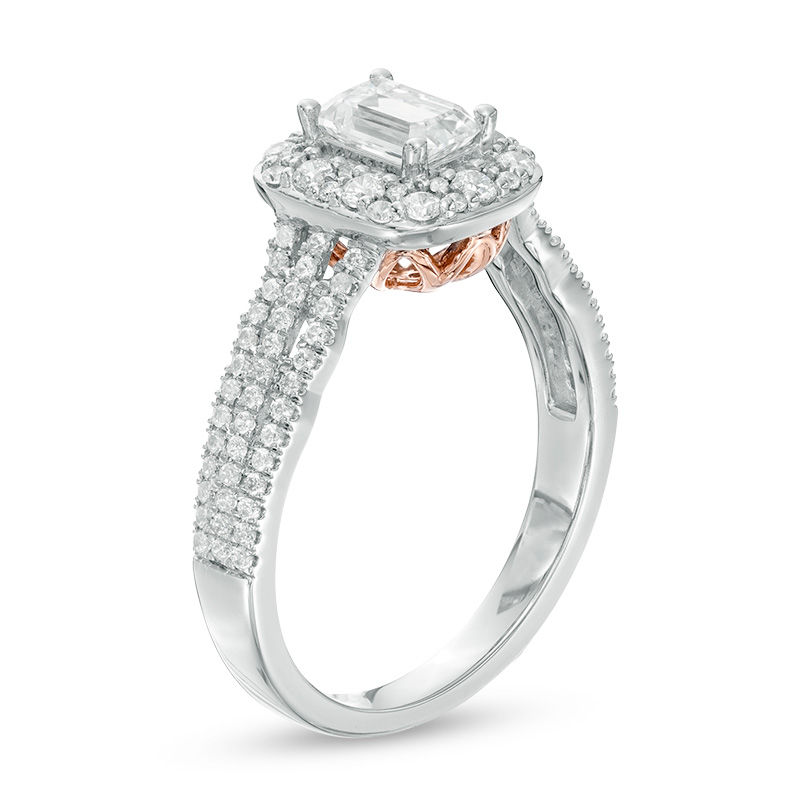 Main Image 2 of Love's Destiny by Zales 1 CT. T.W. Certified Emerald-Cut Diamond Frame Engagement Ring in 14K Two-Tone Gold (I/I1)