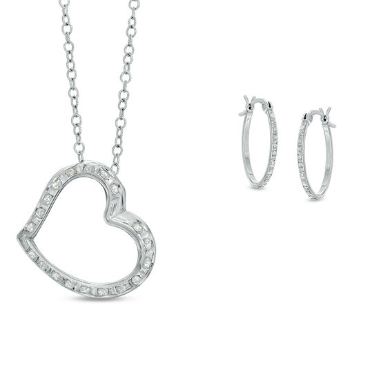 Diamond Fascination™ Tilted Heart Pendant and Hoop Earrings Set in Sterling Silver and Platinum Plate Diamond Fascination™ Tilted Heart Pendant and Hoop Earrings Set in Sterling Silver and Platinum Plate