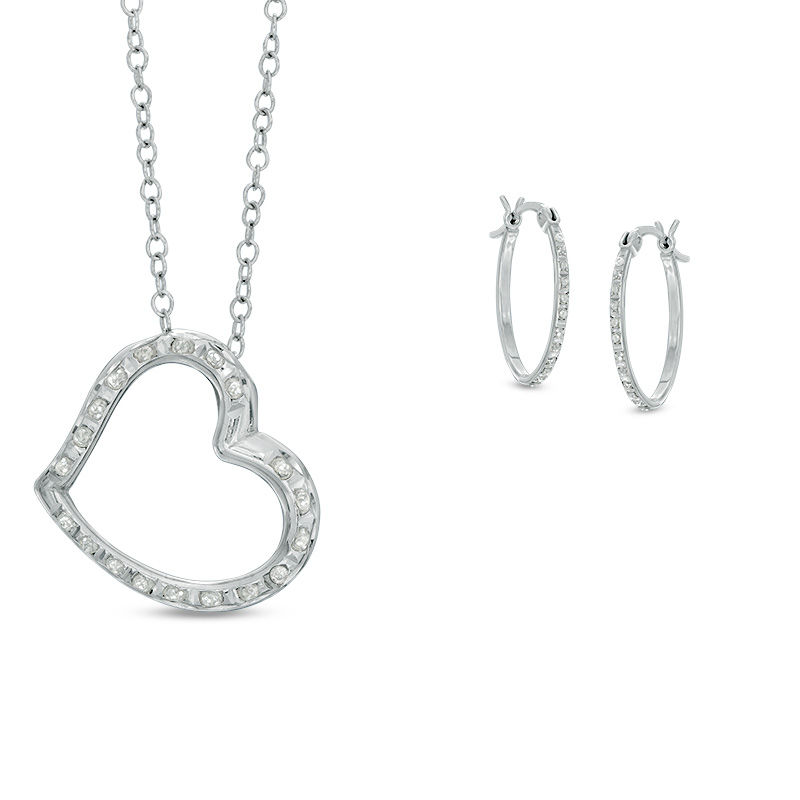 Diamond Fascination™ Tilted Heart Pendant and Hoop Earrings Set in Sterling Silver and Platinum Plate