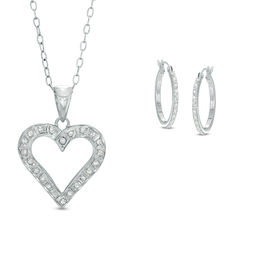 Diamond Fascination™ Heart Pendant and Hoop Earrings Set in Sterling Silver and Platinum Plate