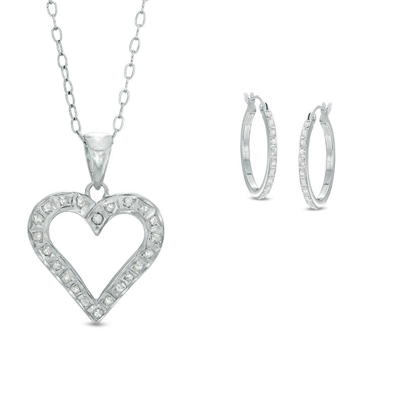 Diamond Fascination™ Heart Pendant and Hoop Earrings Set in Sterling Silver and Platinum Plate