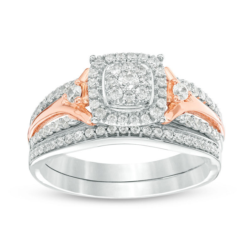 Two Tone Wedding Rings Zales 1 2 Ct T W Composite Diamond Cushion Frame Bridal Set In 10k Two