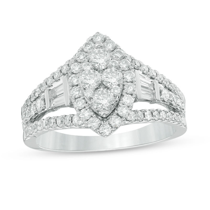 Main Image 1 of 1-1/4 CT. T.W. Composite Diamond Marquise Frame Split Shank Engagement Ring in 14K White Gold