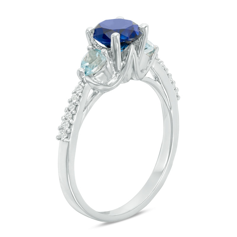 Main Image 2 of 6.2mm Lab-Created Blue Sapphire, Aquamarine and Diamond Accent Three Stone Ring in 10K White Gold