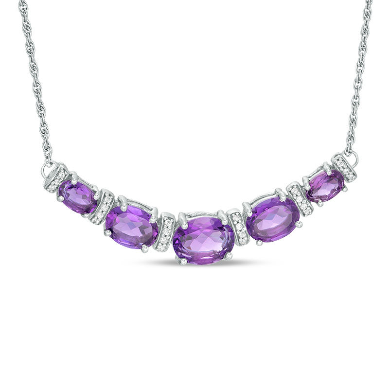 Oval Amethyst and 1/10 CT. T.W. Diamond Graduated Five Stone Necklace in Sterling Silver