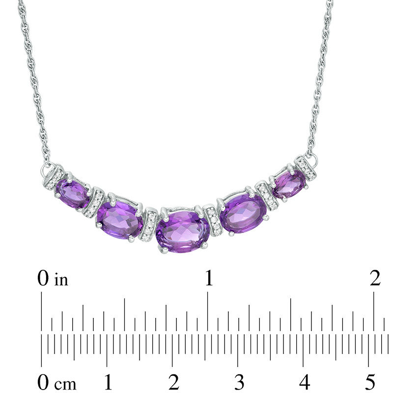 Oval Amethyst and 1/10 CT. T.W. Diamond Graduated Five Stone Necklace in Sterling Silver