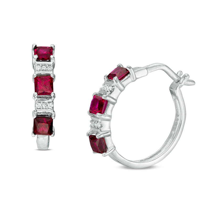 PrincessCut LabCreated Ruby and Diamond Accent Three Stone Hoop