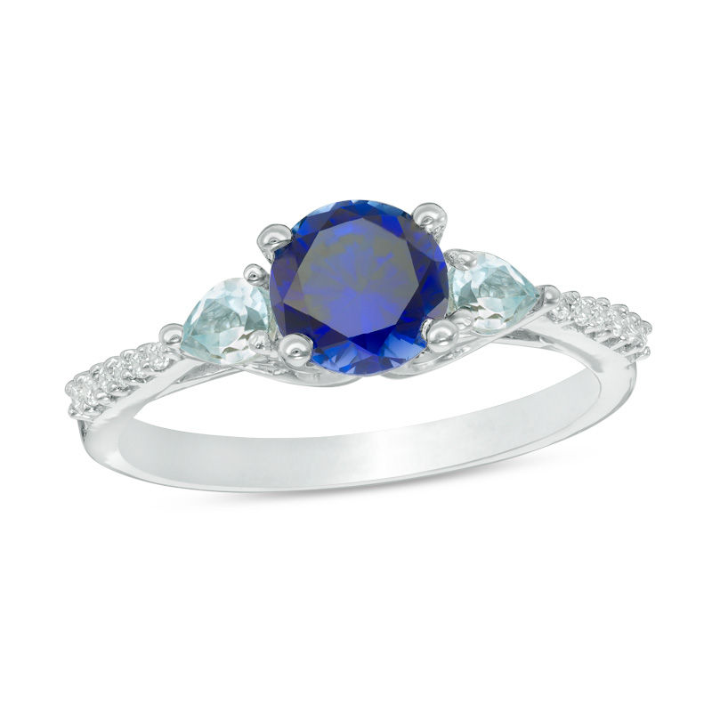 Main Image 1 of 6.2mm Lab-Created Blue Sapphire, Aquamarine and Diamond Accent Three Stone Ring in 10K White Gold