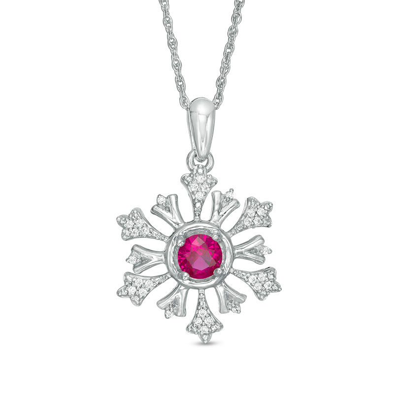 4.5mm Lab-Created Ruby and 1/10 CT. T.W. Diamond Snowflake Pendant in Sterling Silver