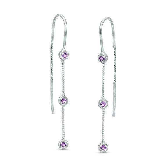 Amethyst Three Stone Threader Earrings in Sterling Silver Zales