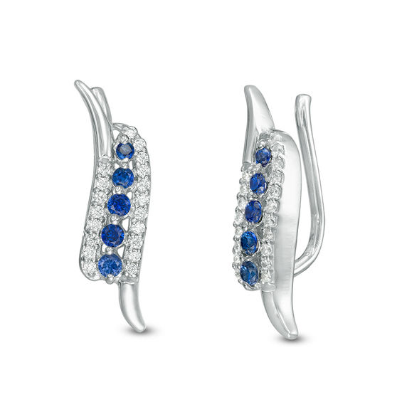 Lab-Created Blue Sapphire and 1/10 CT. T.w. Diamond Double Curve Crawler Earrings in Sterling Silver