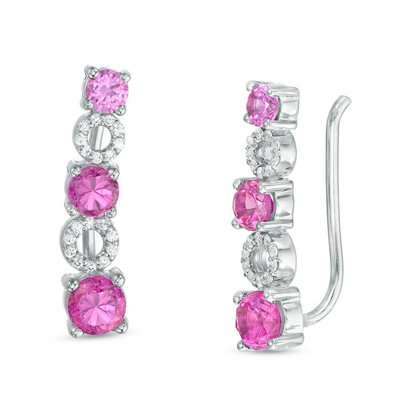 Lab-Created Pink Sapphire and 1/10 CT. T.W. Diamond Alternating Circle Crawler Earrings in Sterling Silver