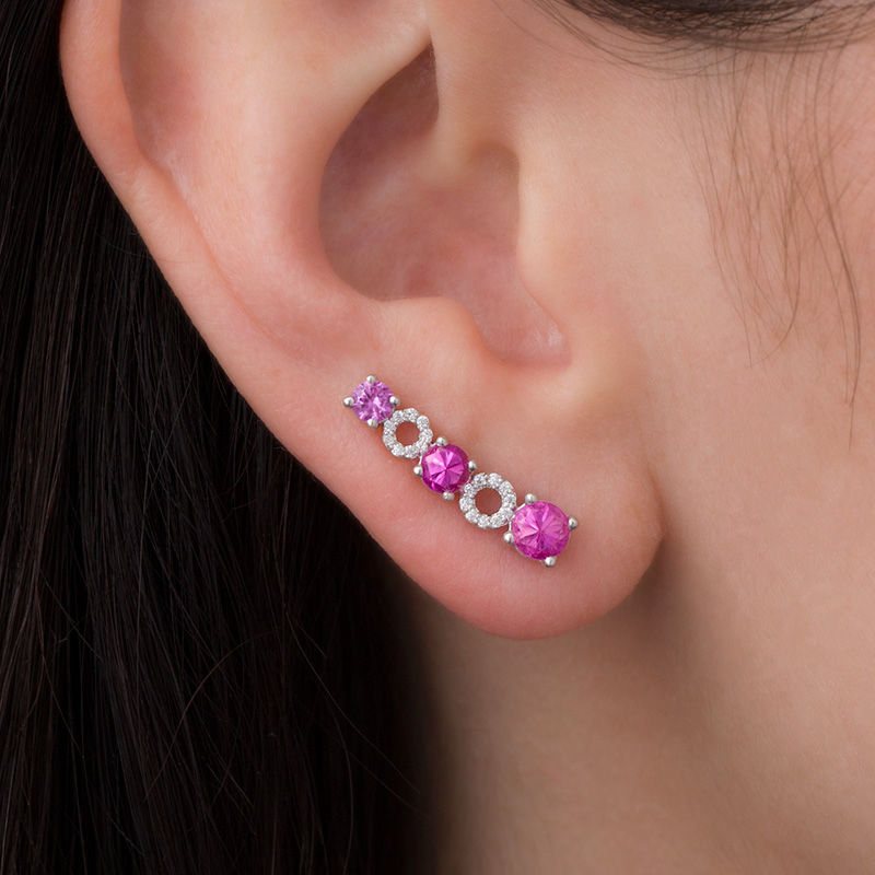 Lab-Created Pink Sapphire and 1/10 CT. T.W. Diamond Alternating Circle Crawler Earrings in Sterling Silver