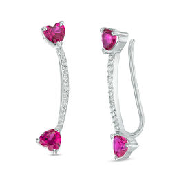 4.0mm Heart-Shaped Lab-Created Ruby and 1/10 CT. T.W. Diamond Crawler Earrings in Sterling Silver