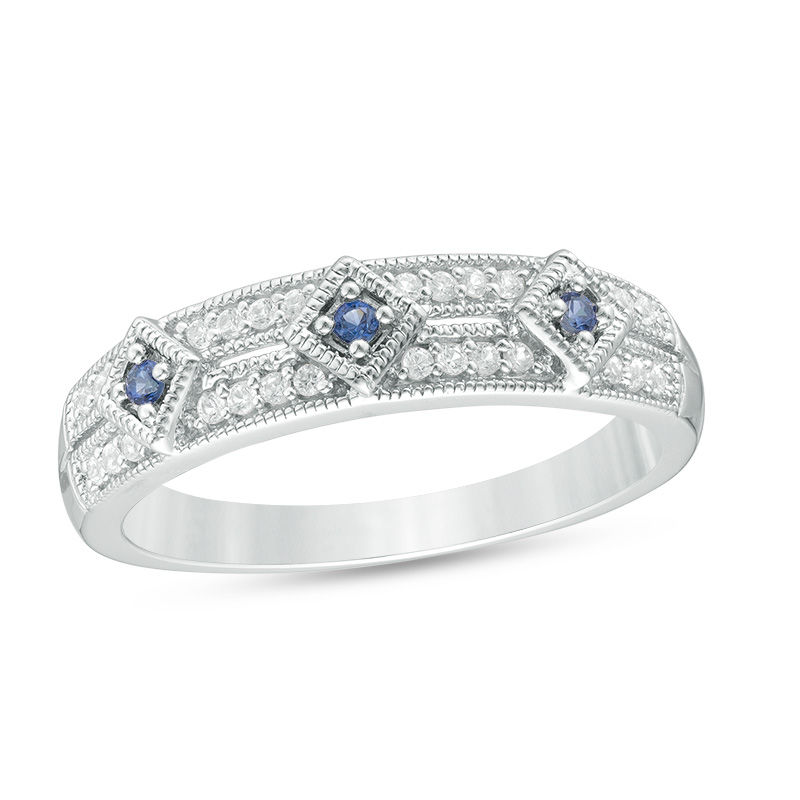 Lab-Created Ceylon and White Sapphire Vintage-Style Double Row Band in Sterling Silver