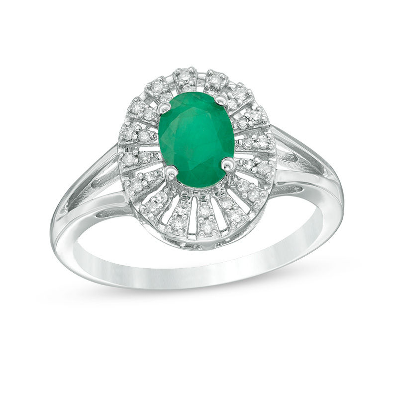 Oval Emerald and 1/10 CT. T.W. Diamond Frame Split Shank Ring in 10K White Gold