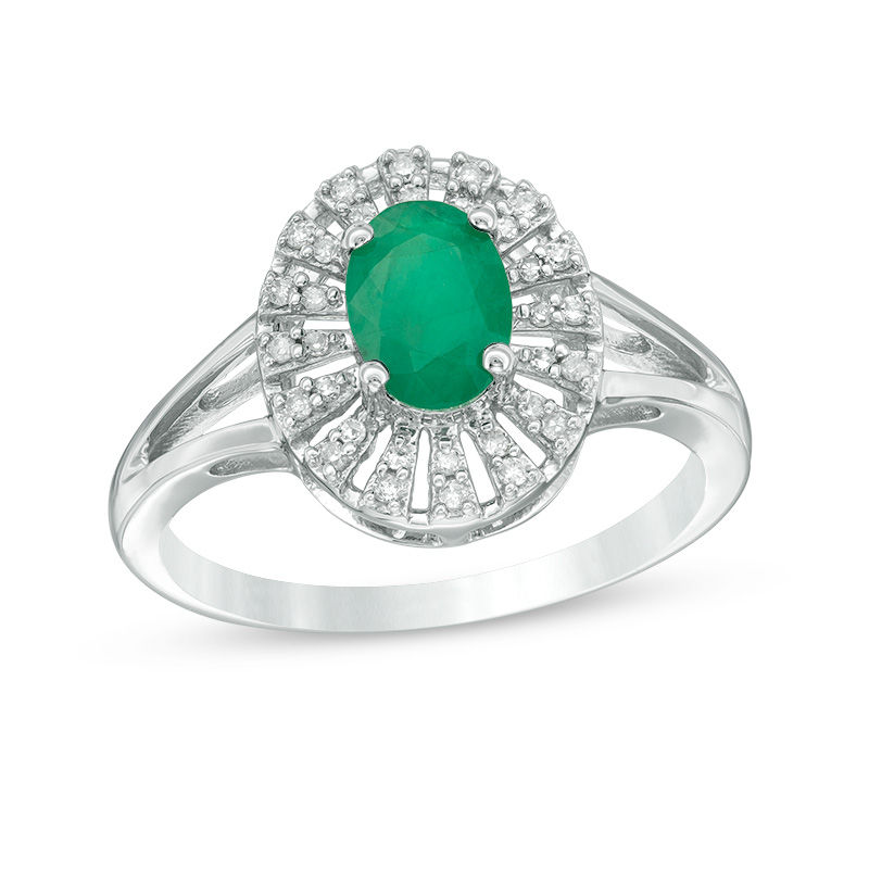 Main Image 1 of Oval Emerald and 1/10 CT. T.W. Diamond Frame Split Shank Ring in 10K White Gold