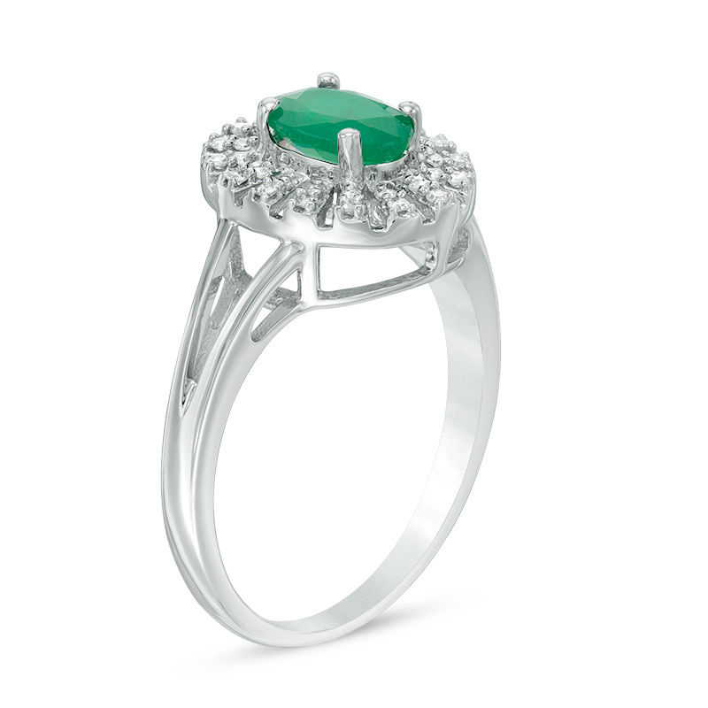Main Image 2 of Oval Emerald and 1/10 CT. T.W. Diamond Frame Split Shank Ring in 10K White Gold