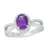 Thumbnail Image 1 of Oval Amethyst and Lab-Created White Sapphire Frame Split Shank Ring in Sterling Silver
