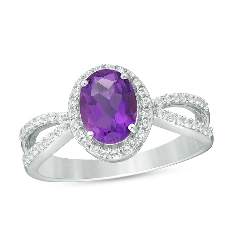 Main Image 1 of Oval Amethyst and Lab-Created White Sapphire Frame Split Shank Ring in Sterling Silver