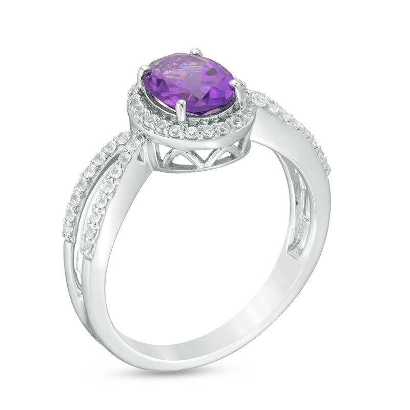 Main Image 2 of Oval Amethyst and Lab-Created White Sapphire Frame Split Shank Ring in Sterling Silver