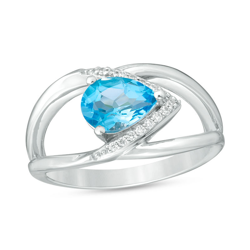 Sideways Pear-Shaped Swiss Blue Topaz and Diamond Accent Sideways Chevron Ring in Sterling Silver