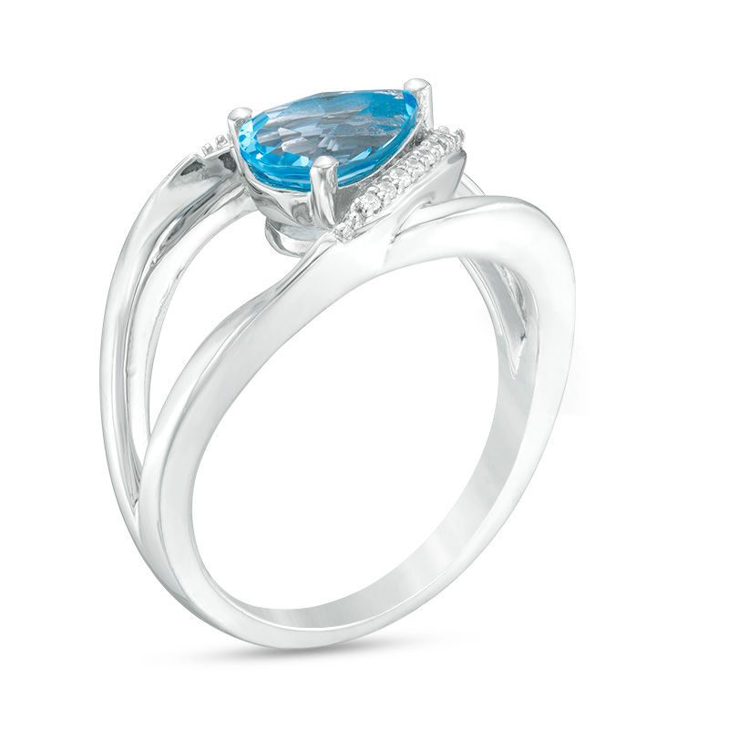 Sideways Pear-Shaped Swiss Blue Topaz and Diamond Accent Sideways Chevron Ring in Sterling Silver