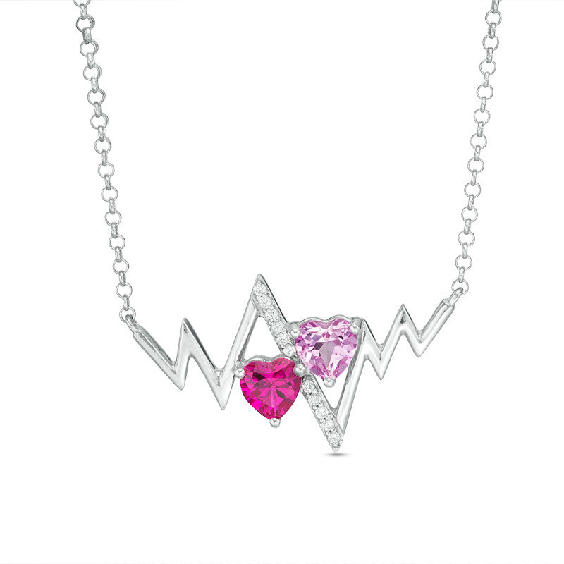 Main Image 1 of 5.0mm Heart-Shaped Lab-Created Ruby, Pink and White Sapphire Heartbeat Necklace in Sterling Silver - 16.5"