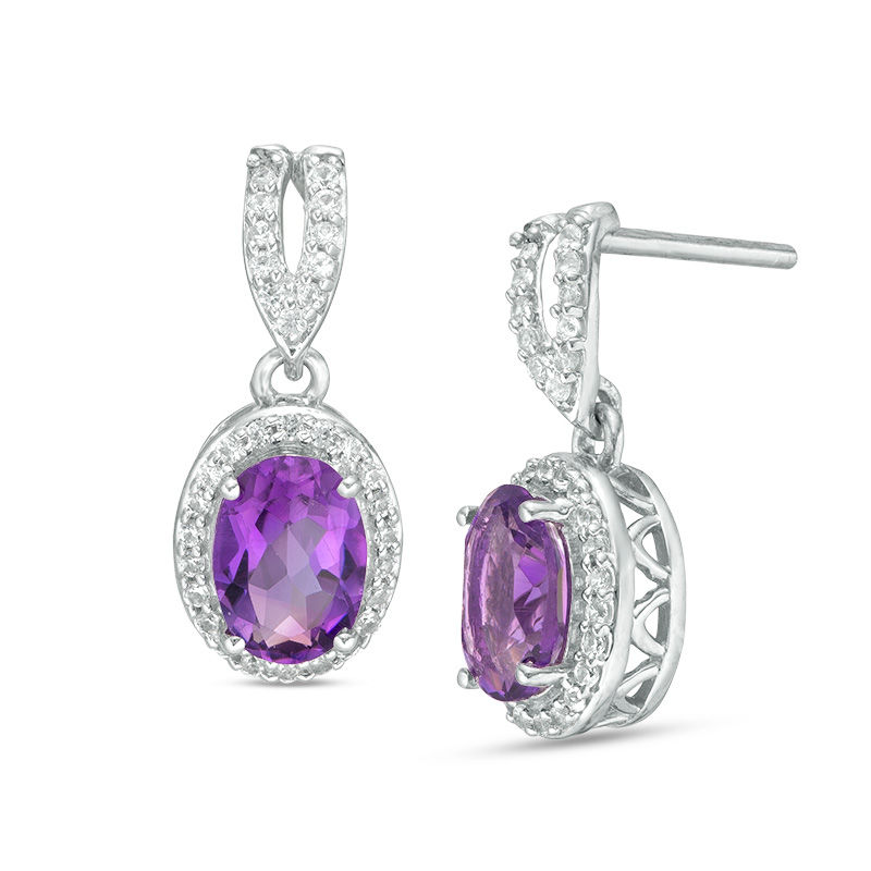 Main Image 1 of Oval Amethyst and Lab-Created White Sapphire Frame Drop Earrings in Sterling Silver