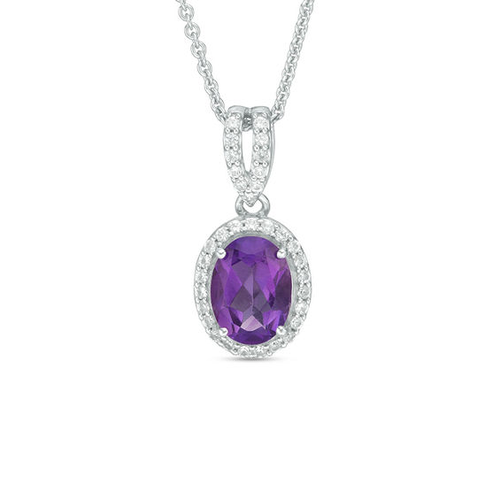 Oval Amethyst and Lab-Created White Sapphire Frame Drop Pendant in Sterling Silver