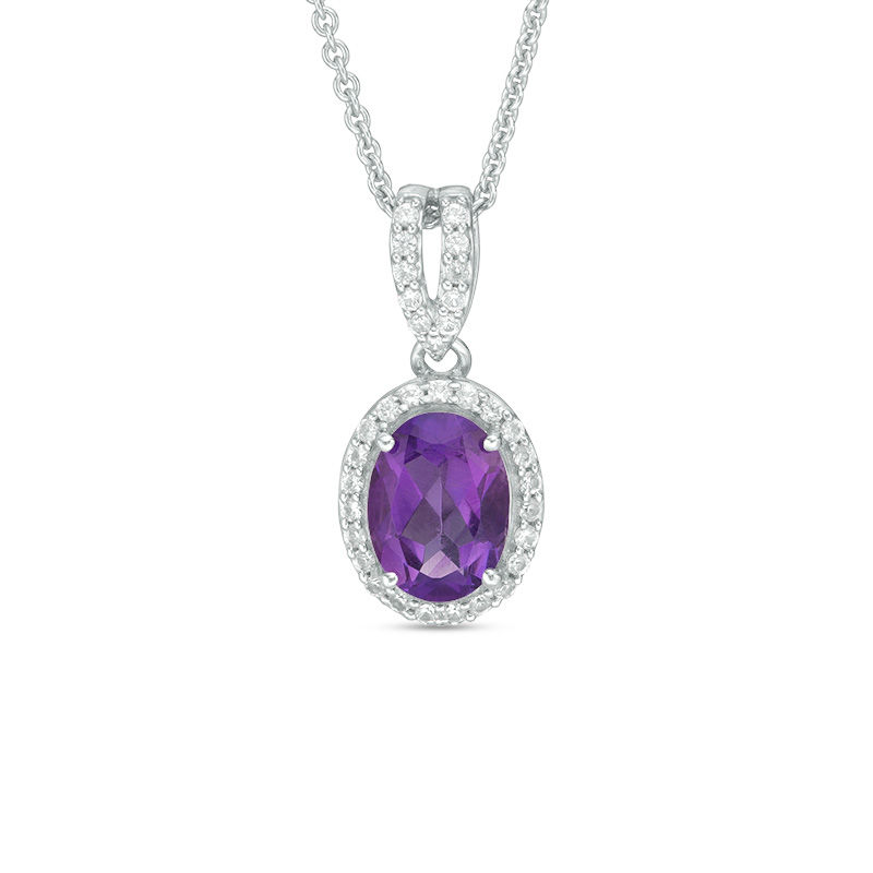 Main Image 1 of Oval Amethyst and Lab-Created White Sapphire Frame Drop Pendant in Sterling Silver