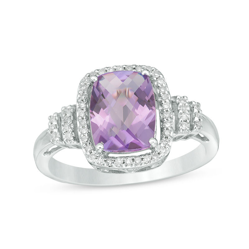 Cushion-Cut Amethyst and 1/10 CT. T.W. Diamond Frame Double Collar Ring in 10K White Gold