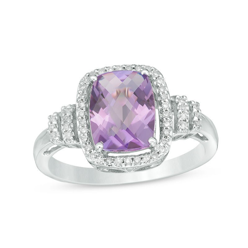 Main Image 1 of Cushion-Cut Amethyst and 1/10 CT. T.W. Diamond Frame Double Collar Ring in 10K White Gold