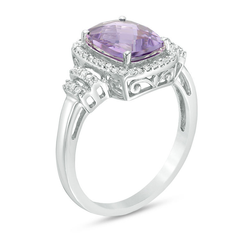 Main Image 2 of Cushion-Cut Amethyst and 1/10 CT. T.W. Diamond Frame Double Collar Ring in 10K White Gold