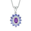 Thumbnail Image 0 of Oval Amethyst, Tanzanite and Lab-Created White Sapphire Floral Frame Pendant in Sterling Silver