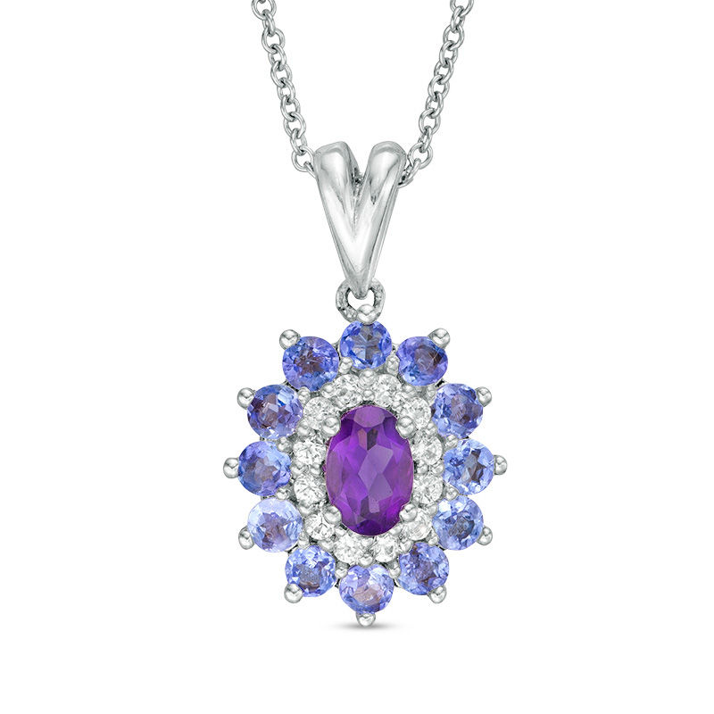 Oval Amethyst, Tanzanite and Lab-Created White Sapphire Floral Frame Pendant in Sterling Silver