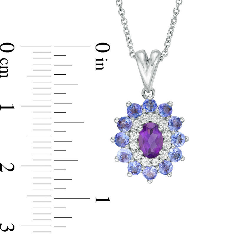Main Image 2 of Oval Amethyst, Tanzanite and Lab-Created White Sapphire Floral Frame Pendant in Sterling Silver