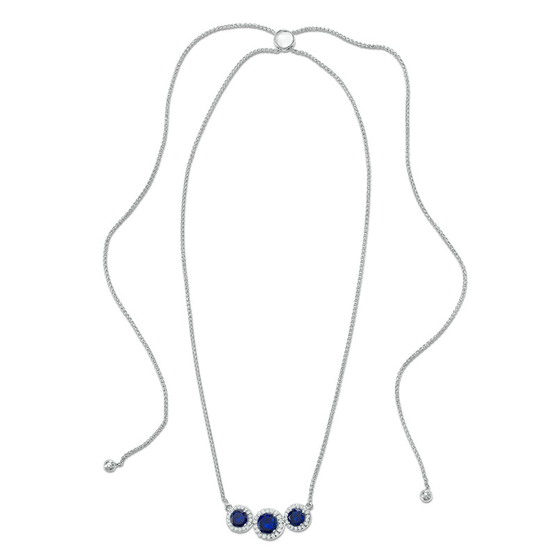 Main Image 1 of Lab-Created Blue and White Sapphire Frame Three Stone Bolo Necklace in Sterling Silver - 30"