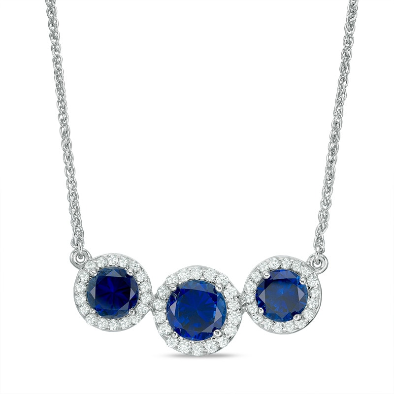 Main Image 2 of Lab-Created Blue and White Sapphire Frame Three Stone Bolo Necklace in Sterling Silver - 30"