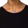 Thumbnail Image 3 of Lab-Created Blue and White Sapphire Frame Three Stone Bolo Necklace in Sterling Silver - 30"