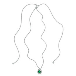 Pear-Shaped Lab-Created Emerald and Diamond Accent Frame Bolo Pendant in Sterling Silver - 30&quot;