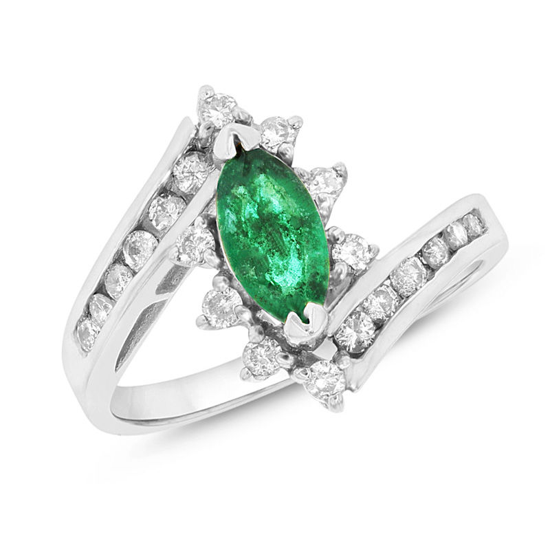 Marquise Emerald and 1/3 CT. T.W. Diamond Starburst Frame Bypass Ring in 14K White Gold