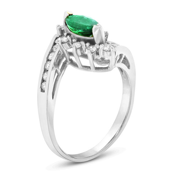 Marquise Emerald and 1/3 CT. T.w. Diamond Starburst Frame Bypass Ring in 14K White Gold