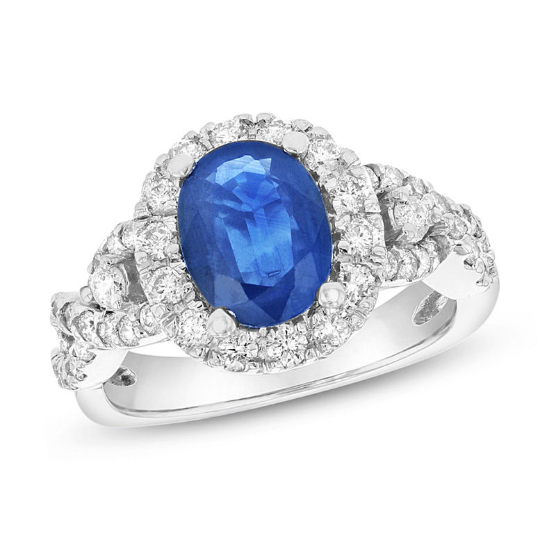 Oval Blue Sapphire and 3/4 CT. T.W. Diamond Frame Twist Shank Ring in 14K White Gold