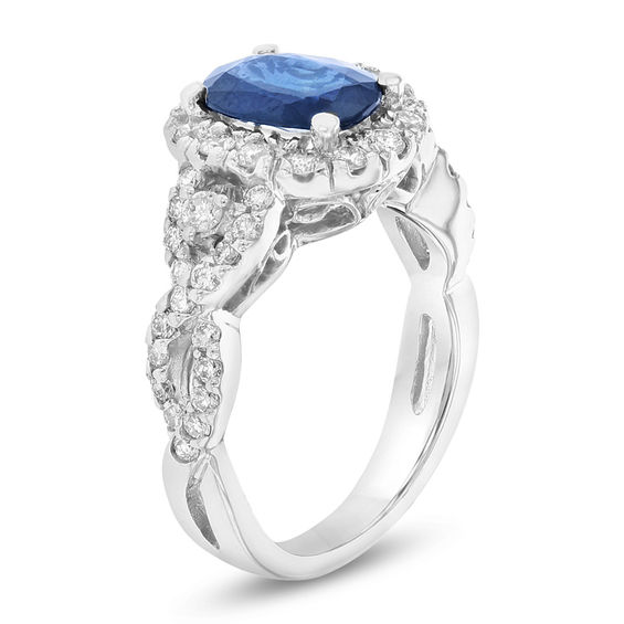 Oval Blue Sapphire and 3/4 CT. T.w. Diamond Frame Twist Shank Ring in 14K White Gold