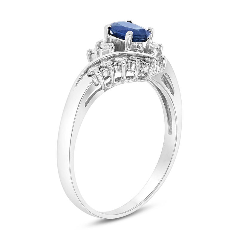 Oval Blue Sapphire and 1/4 CT. T.W. Diamond Bypass Ring in 14K White Gold