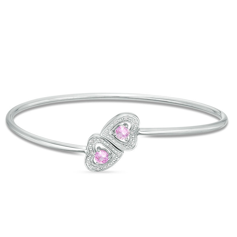 Main Image 1 of 4.0mm Lab-Created Pink Sapphire and Diamond Accent Heart Frame Flex Bangle in Sterling Silver